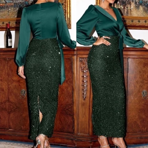 Luxe Sequin Holiday Party Evening Formal SatinDress - Picture 5 of 9